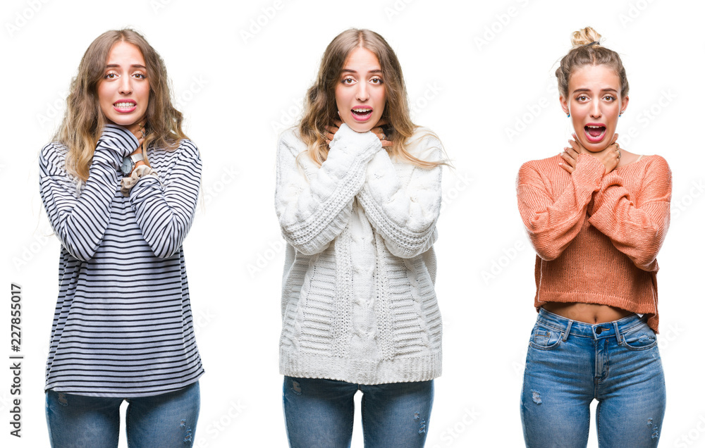 Obraz premium Young beautiful young woman wearing casual look over white isolated background shouting and suffocate because painful strangle. Health problem. Asphyxiate and suicide concept.