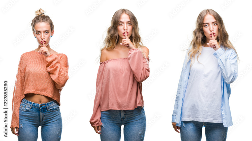Young beautiful young woman wearing casual look over white isolated background asking to be quiet with finger on lips. Silence and secret concept. Young beautiful young woman wearing casual look over white isolated background asking to be quiet with finger on lips. Silence and secret concept.