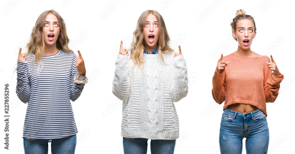 Young beautiful young woman wearing casual look over white isolated background amazed and surprised looking up and pointing with fingers and raised arms. Young beautiful young woman wearing casual look over white isolated background amazed and surprised looking up and pointing with fingers and raised arms.