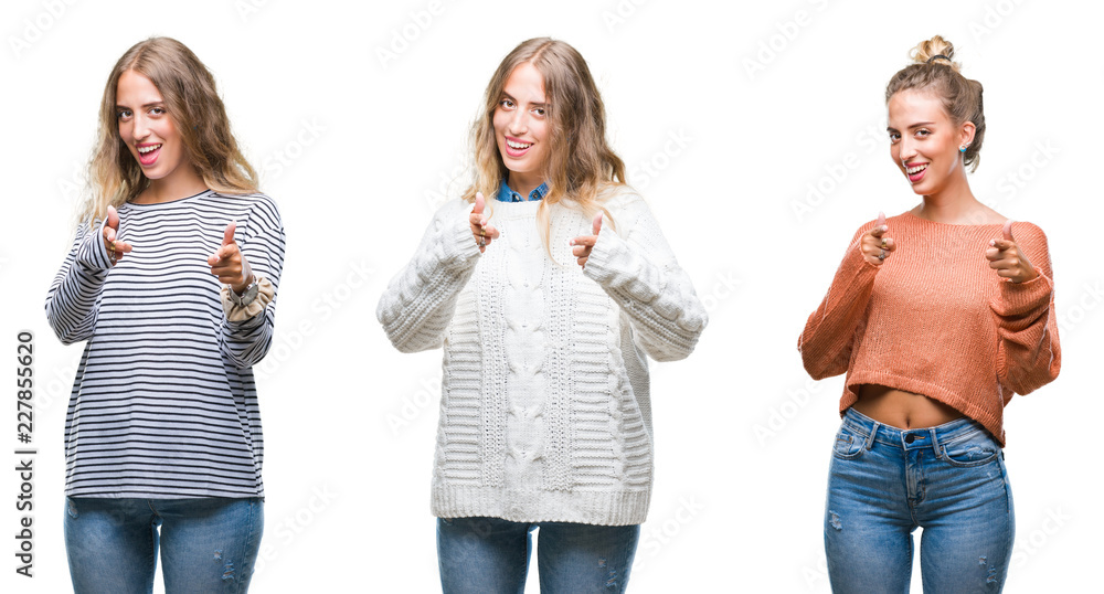 Young beautiful young woman wearing casual look over white isolated background pointing fingers to camera with happy and funny face. Good energy and vibes.