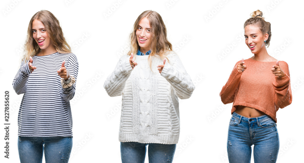 Young beautiful young woman wearing casual look over white isolated background pointing fingers to camera with happy and funny face. Good energy and vibes. Young beautiful young woman wearing casual look over white isolated background pointing fingers to camera with happy and funny face. Good energy and vibes.