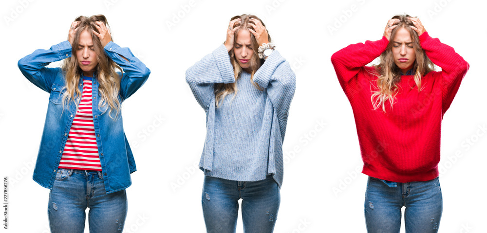 Young beautiful young woman over white isolated background suffering from headache desperate and stressed because pain and migraine. Hands on head. Young beautiful young woman over white isolated background suffering from headache desperate and stressed because pain and migraine. Hands on head.