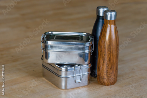 close up of two stainless steel zero waste lunch boxes