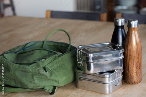 close up of two stainless steel zero waste lunch boxes photo