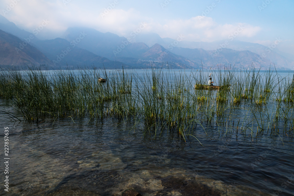 Reed along the shore with misty volcanic mountains at Lago Atitlan, San Juan la Laguna, Guatemala, Central America