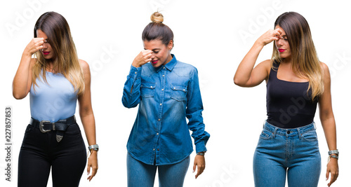 Collage of young beautiful woman over isolated background tired rubbing nose and eyes feeling fatigue and headache. Stress and frustration concept.