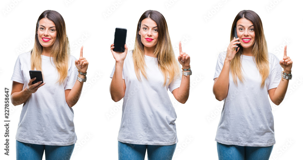 Collage of young beautiful woman using smartphone over isolated background surprised with an idea or question pointing finger with happy face, number one Collage of young beautiful woman using smartphone over isolated background surprised with an idea or question pointing finger with happy face, number one