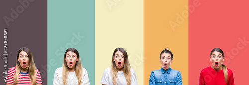 Collage of young beautiful woman over colorful vintage isolated background afraid and shocked with surprise expression, fear and excited face.