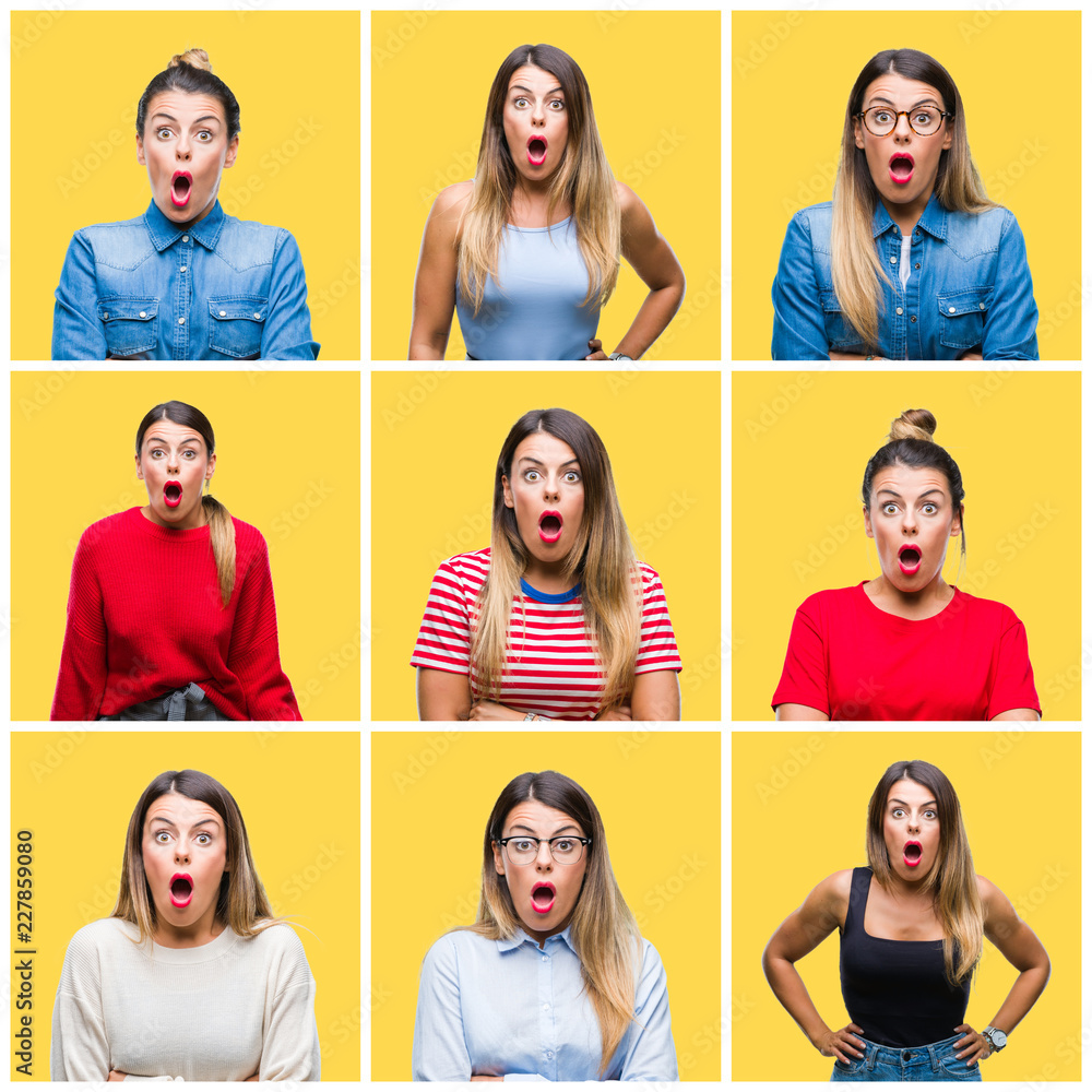Collage of young beautiful woman over yellow isolated background afraid and shocked with surprise expression, fear and excited face. Collage of young beautiful woman over yellow isolated background afraid and shocked with surprise expression, fear and excited face.