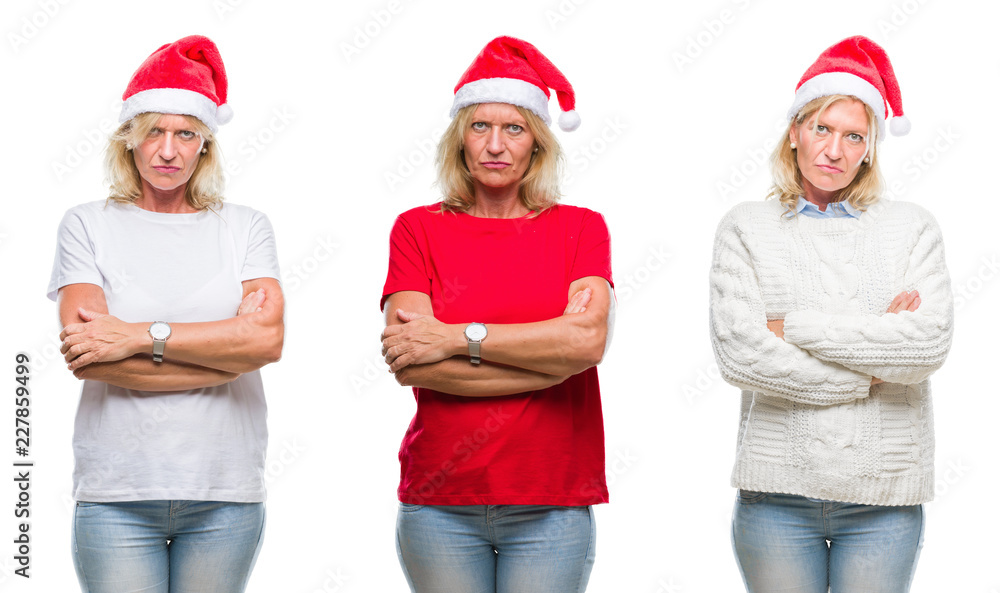 Fototapeta premium Collage of beautiful middle age blonde woman wearing christmas hat over white isolated backgroud skeptic and nervous, disapproving expression on face with crossed arms. Negative person.