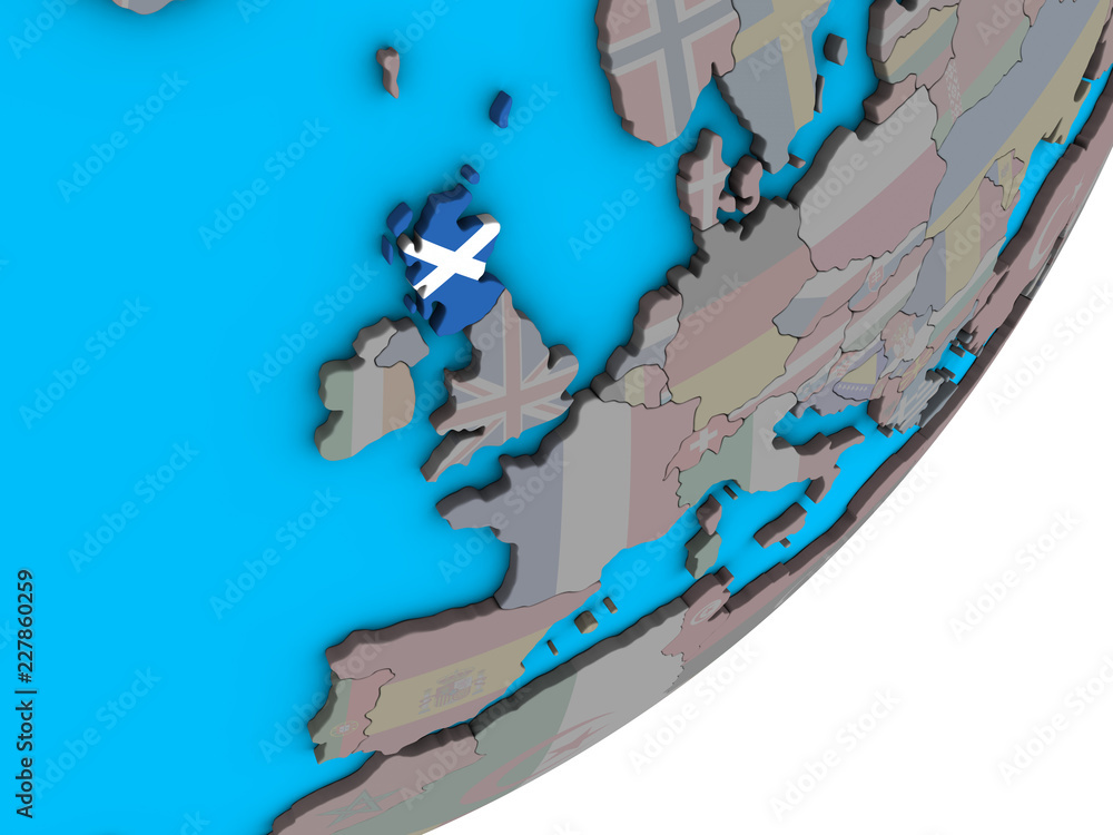 Scotland with national flag on blue political 3D globe.