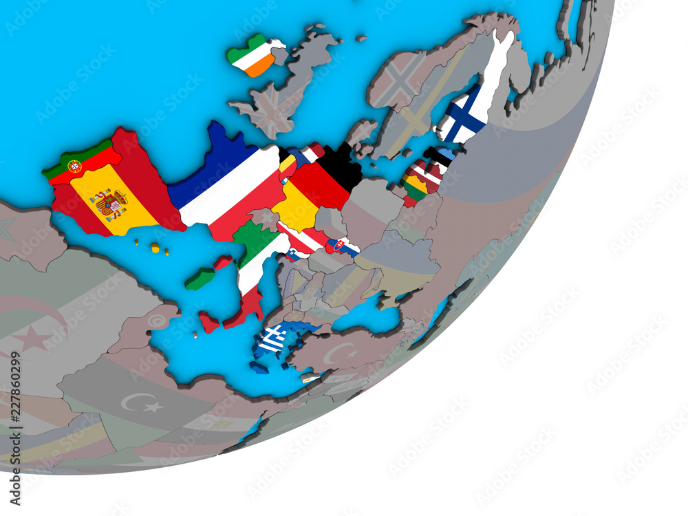Eurozone member states with national flags on blue political 3D globe. Eurozone member states with national flags on blue political 3D globe.