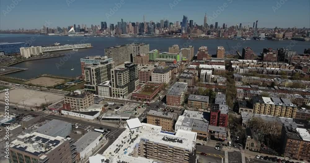 Hoboken NJ Aerial Flyover Buildings Towards Hudson River Hoboken NJ Aerial Flyover Buildings Towards Hudson River