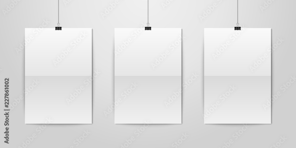 Three Vector Realistic White Blank Vertical A4 Folded Paper Poster Hanging on a Rope with Binder Clip Set on White Wall mock-up. Empty Poster Design Template for Graphics, Mockup Three Vector Realistic White Blank Vertical A4 Folded Paper Poster Hanging on a Rope with Binder Clip Set on White Wall mock-up. Empty Poster Design Template for Graphics, Mockup
