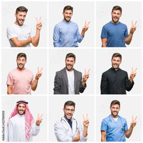 Collage of young doctor arab business man isolated background smiling with happy face winking at the camera doing victory sign. Number two.