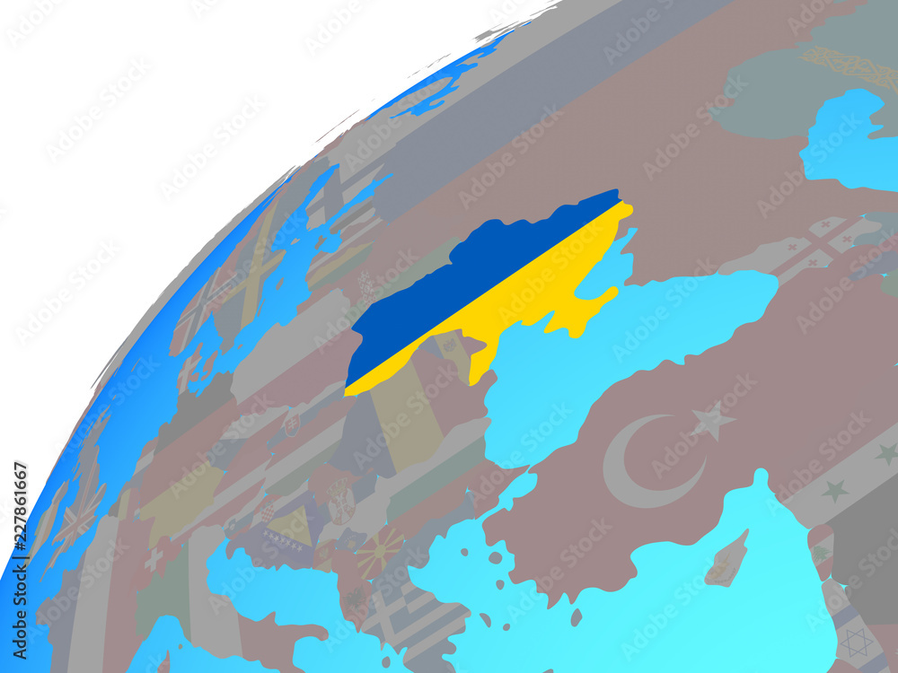 Ukraine with embedded national flag on globe.