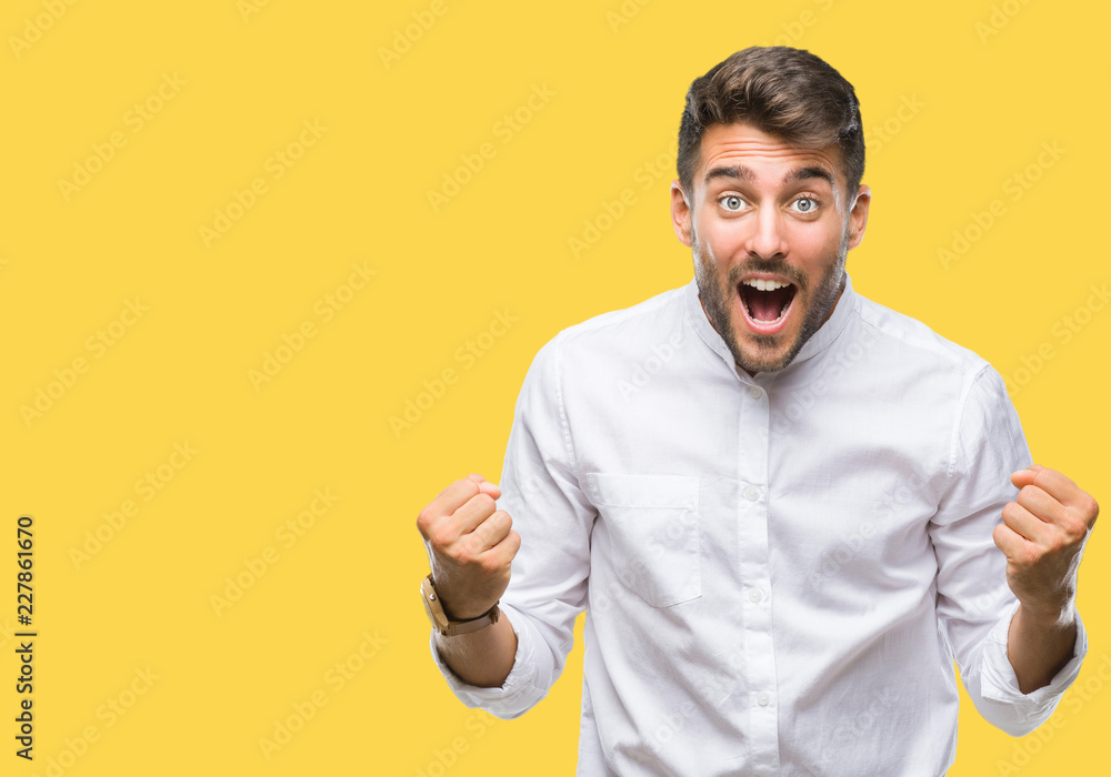 Young handsome man over isolated background celebrating surprised and amazed for success with arms raised and open eyes. Winner concept. Young handsome man over isolated background celebrating surprised and amazed for success with arms raised and open eyes. Winner concept.