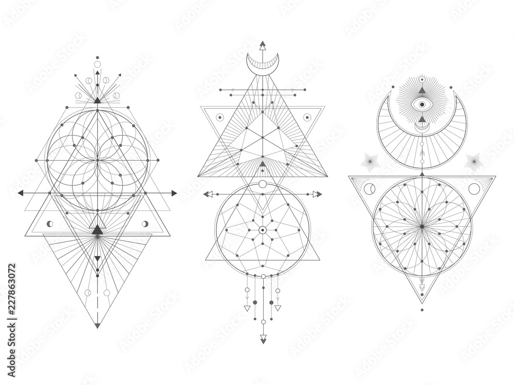 Vector set of Sacred geometric symbols on white background. Abstract mystic  signs collection. Black linear shapes. For you design: tattoo, print,  posters, t-shirts, textiles. Stock Vector | Adobe Stock