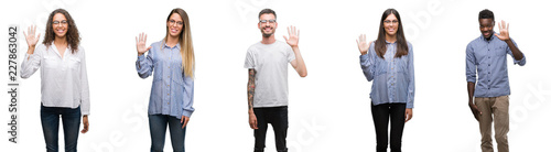 Group and team of young business people over isolated white background showing and pointing up with fingers number five while smiling confident and happy.