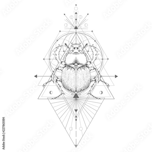 Vector illustration with hand drawn scarab and Sacred geometric symbol on white background. Abstract mystic sign. Black linear shape. For you design: tattoo, print, posters.