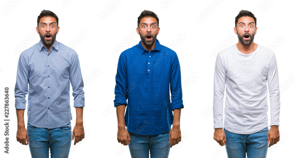 Collage of handsome young indian man over isolated background afraid and shocked with surprise expression, fear and excited face. Collage of handsome young indian man over isolated background afraid and shocked with surprise expression, fear and excited face.
