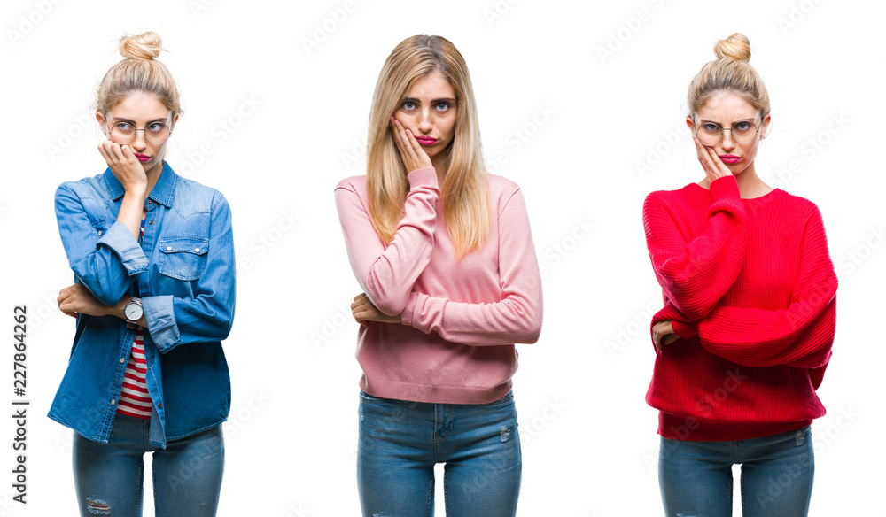 Collage of young beautiful blonde woman over isolated background thinking looking tired and bored with depression problems with crossed arms. Collage of young beautiful blonde woman over isolated background thinking looking tired and bored with depression problems with crossed arms.