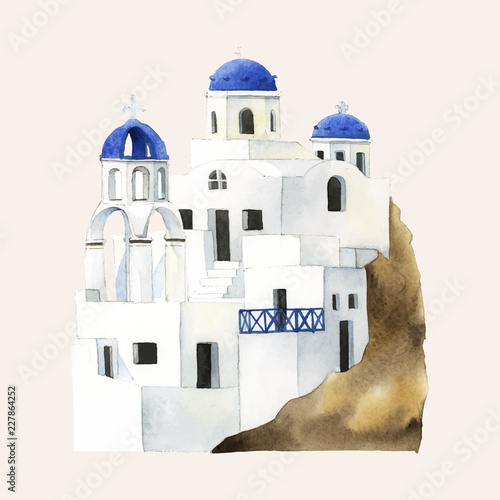 Santorini Cycladic houses painted by watercolor