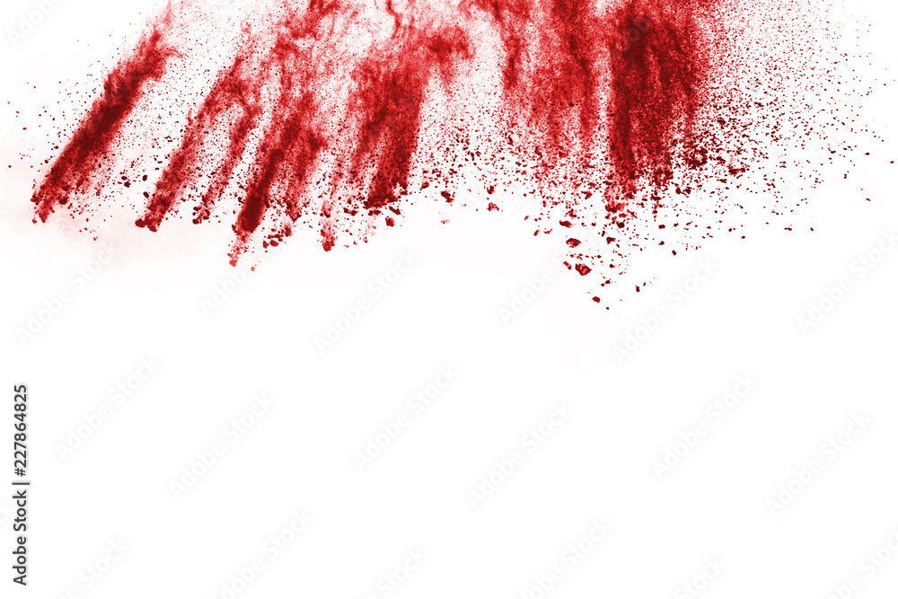 Freeze motion of red powder exploding, isolated on white background. Abstract design of red dust cloud. Particles explosion screen saver, wallpaper Freeze motion of red powder exploding, isolated on white background. Abstract design of red dust cloud. Particles explosion screen saver, wallpaper