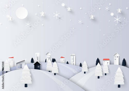 Winter season and urban countryside landscape with pine tree,moon and city for merry christmas and happy new year background paper art style.Vector illustration.