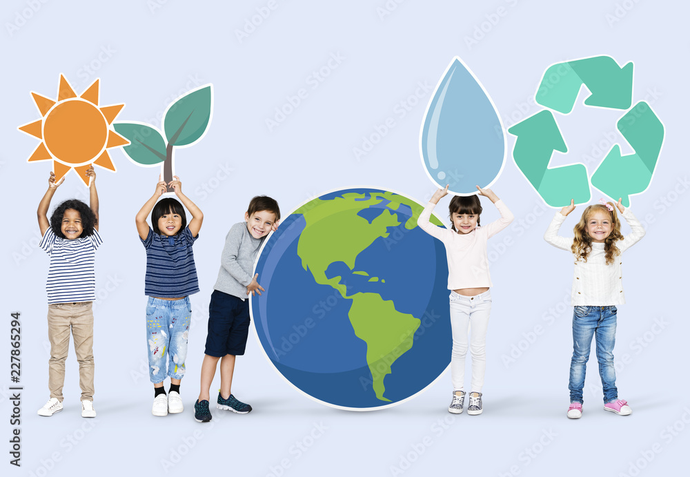 Diverse kids with environment icons - obrazy, fototapety, plakaty 