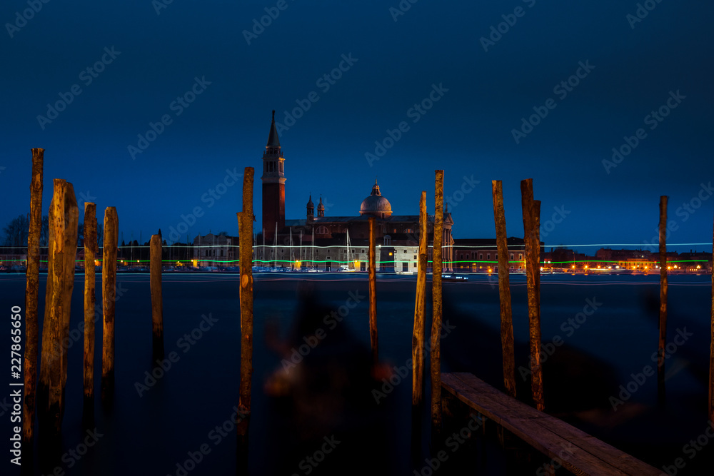 San Giorgio Maggiore Cathedral, gondolas, long exposure, light trails in Venice Italy