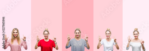 Collage of young beautiful blonde woman over vivid colorful vintage pink isolated background showing and pointing up with fingers number seven while smiling confident and happy.
