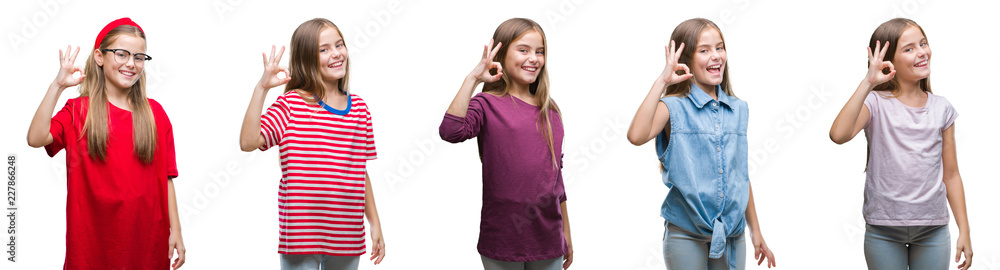 Collage of young beautiful little girl kid over isolated background smiling positive doing ok sign with hand and fingers. Successful expression. Collage of young beautiful little girl kid over isolated background smiling positive doing ok sign with hand and fingers. Successful expression.