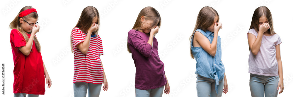 Collage of young beautiful little girl kid over isolated background tired rubbing nose and eyes feeling fatigue and headache. Stress and frustration concept. Collage of young beautiful little girl kid over isolated background tired rubbing nose and eyes feeling fatigue and headache. Stress and frustration concept.