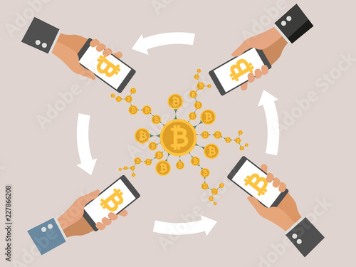 Mobile bitcoin business with Hand holding smartphone. circular arrows. Bit coin exchange and transfer. cryptocurrency mining, Finance, digital money circulation. design for infographic, mobile app.