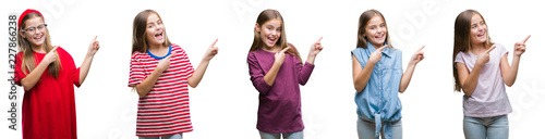 Collage of young beautiful little girl kid over isolated background smiling and looking at the camera pointing with two hands and fingers to the side.
