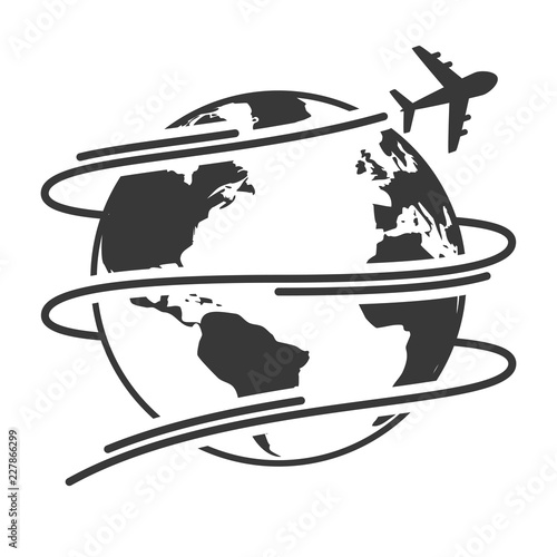 Travel icons with airplane fly around the earth