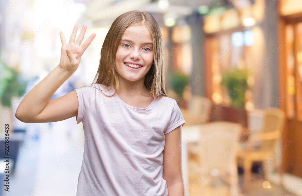Young beautiful girl over isolated background showing and pointing up with fingers number four while smiling confident and happy. Young beautiful girl over isolated background showing and pointing up with fingers number four while smiling confident and happy.