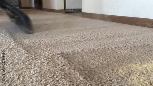 Carpet cleaning close up with wand pushing hot steam into surface while pulling up dirt thereafter. 