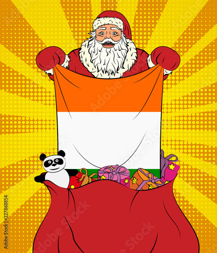 Santa Claus gets national flag of Ireland out of the bag with toys in pop art style. Illustration of new year in pop art style photo