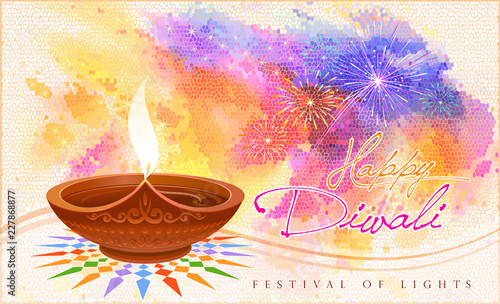 Grungy colorful diwali background with a traditional diya lamp