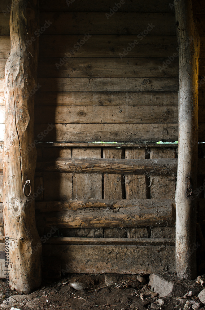 Fototapeta premium wall of the old barn framed by thick retaining logs