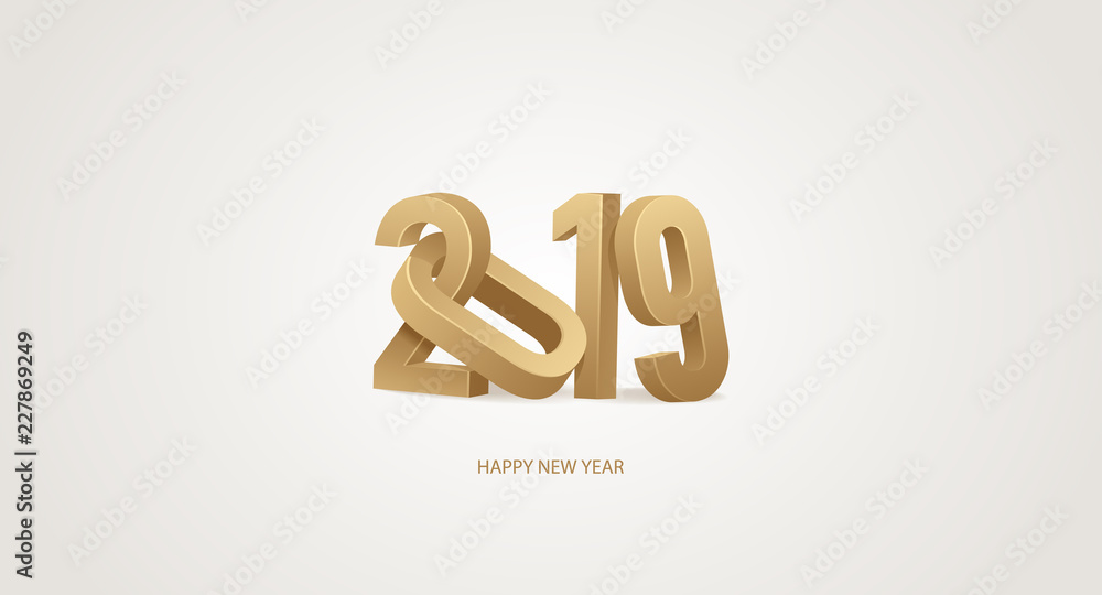 Happy New Year 2019. 3D golden numbers on a white backgrounds.