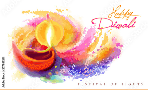Beautiful paintings of a Diwali lamp with colorful grunge background.