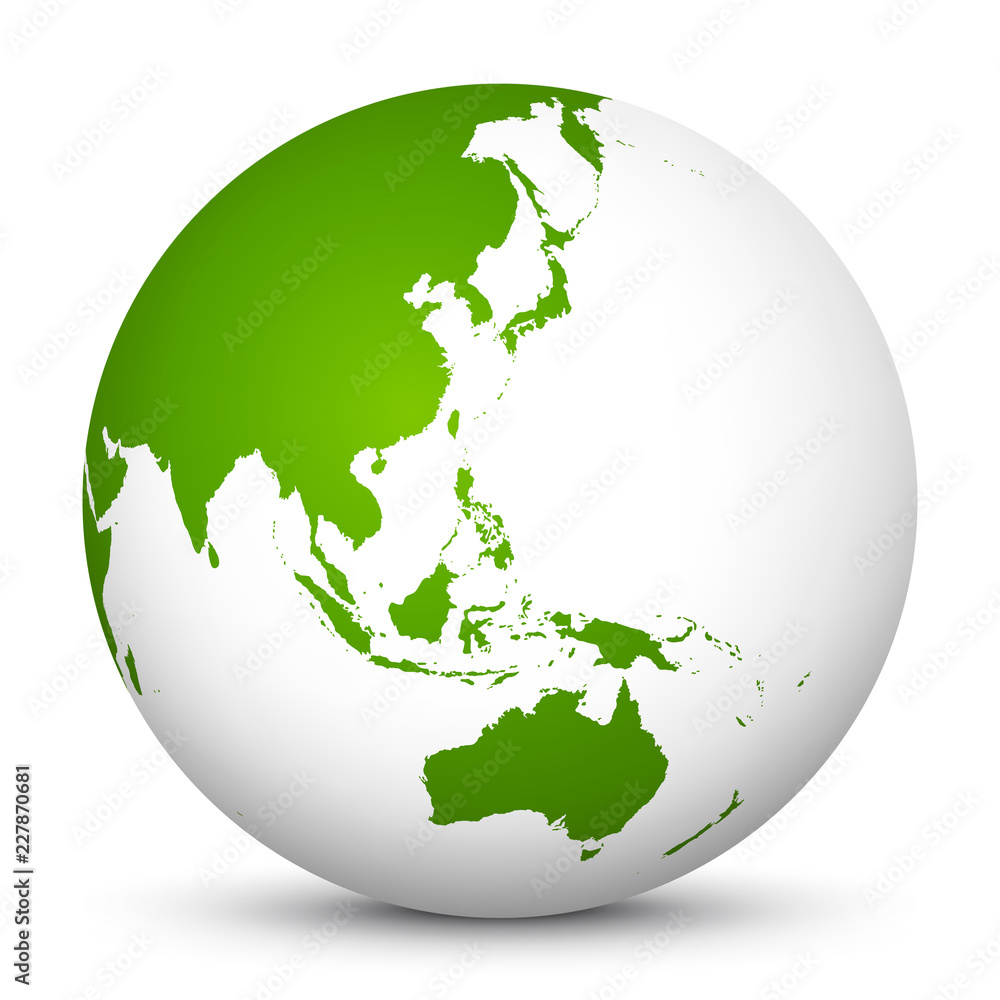 White 3D Globe Icon with Green Continents. Focus on Australia, Japan, India, Korea and New Zealand
