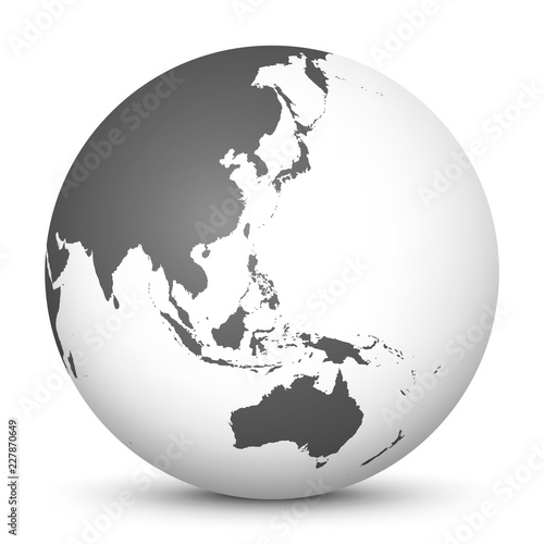 White 3D Globe Icon with Gray Continents. Focus on Australia, Japan, India, Korea and New Zealand