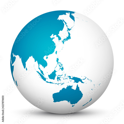 Obraz na płótnie White 3D Globe Icon with Blue Continents. Focus on Australia, Japan, India, Korea and New Zealand w salonie