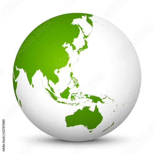 Obraz na płótnie White 3D Globe Icon with Green Continents. Focus on Australia, Japan, India, Korea and New Zealand w salonie