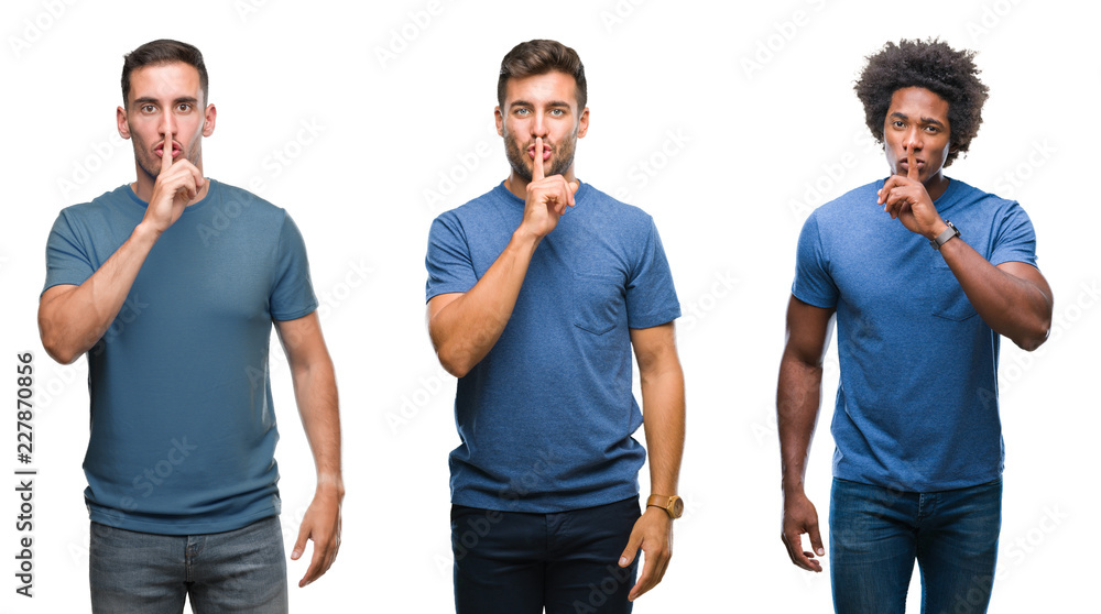 Collage of group of hispanic and african american men over isolated background asking to be quiet with finger on lips. Silence and secret concept. Collage of group of hispanic and african american men over isolated background asking to be quiet with finger on lips. Silence and secret concept.