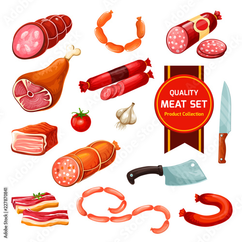 Meat and sausages with garlic, tomato